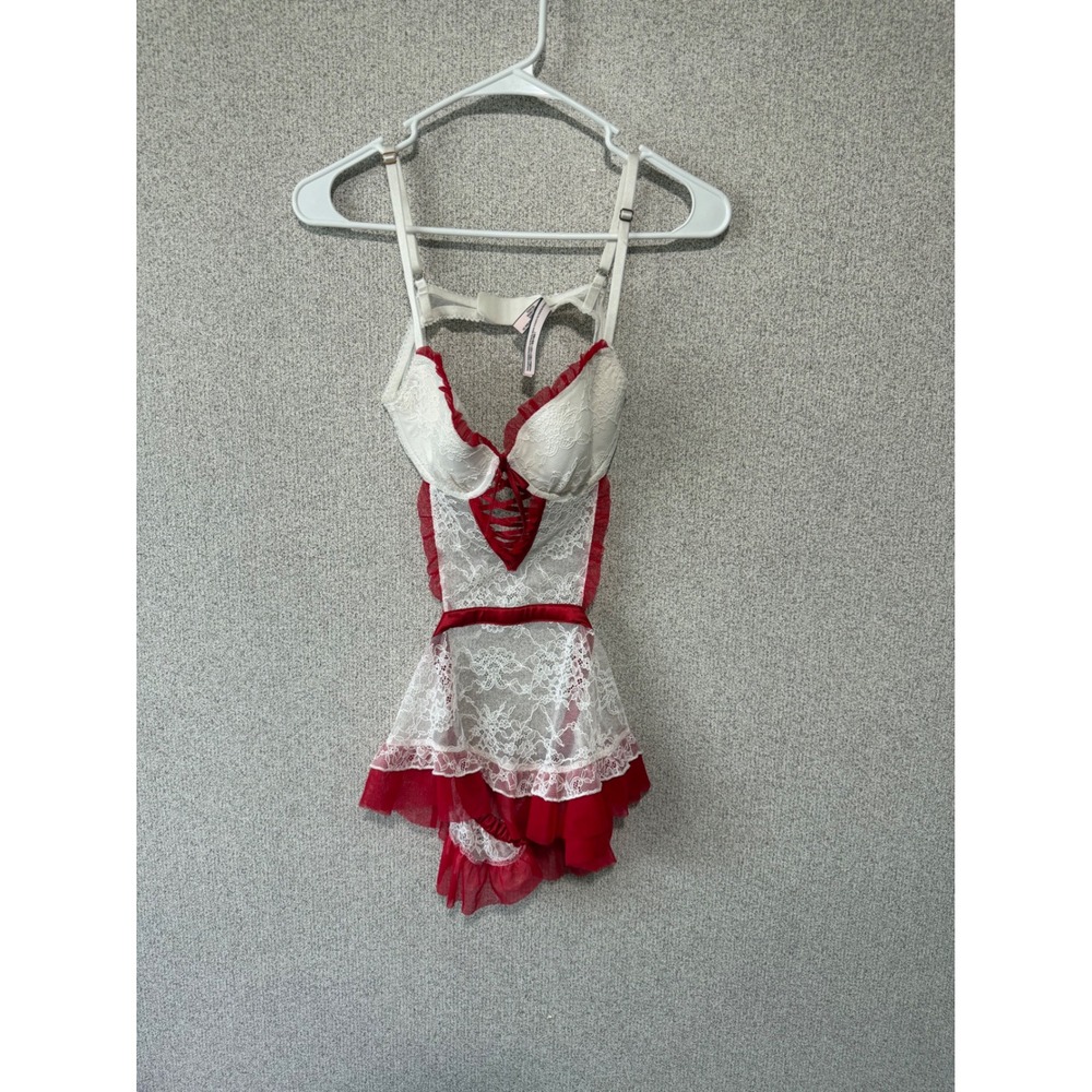 Victoria's Secret White Red Lace Maid Teddy Babydoll Lingerie Underwire Medium